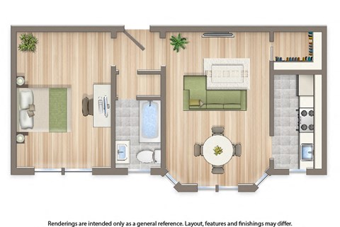 Floor plan for 1 bed, 1 bath, 696 sqft